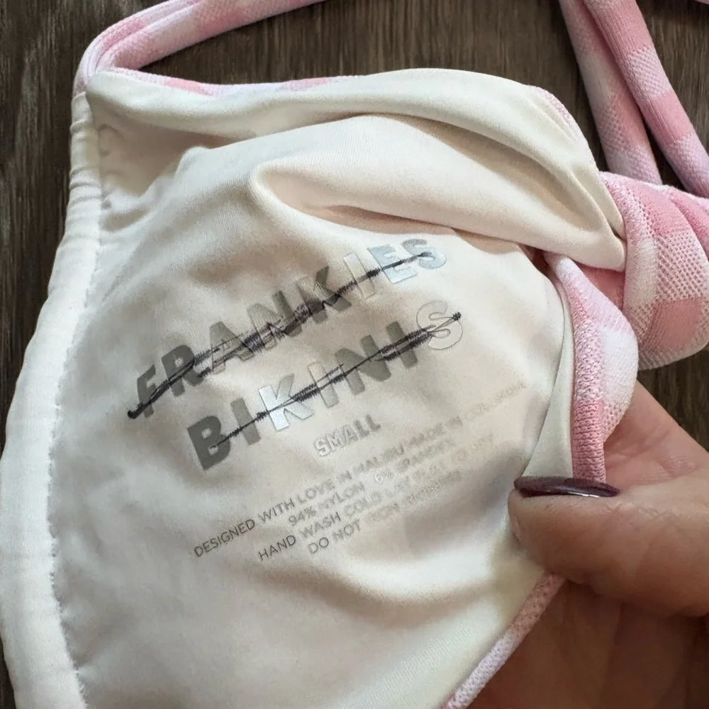 NEW Frankie’s Bikinis pink picnic gingham halter string bikini top